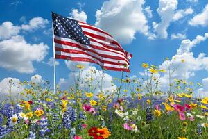 USA flag waving in a field of wildflowers photo