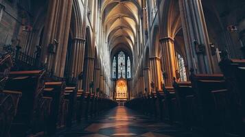 A long, narrow church with many pews and stained glass windows. The pews are empty and the church is very quiet photo