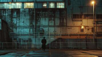 A man is walking down a street in the rain. The street is empty and the buildings are dark. Scene is somber and lonely photo