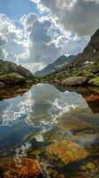Tranquil mountain pools reflecting cloud-streaked skies photo