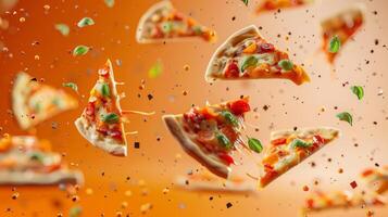 Dynamic poster showcasing floating pizza slices in a kinetic layout photo