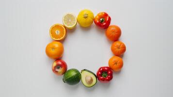 Conceptual image of spinning fruits and vegetables forming a circle, symbolizing unity photo
