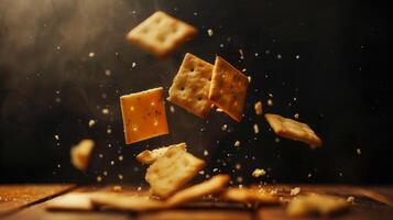 Captivating silhouette of levitating pieces of cheese and crackers photo