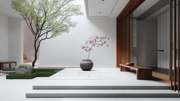 A white house with a tree in the courtyard. The tree is small and has a pot with a plant in it photo