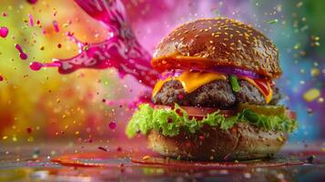 Spinning burger against a background of abstract color splashes photo