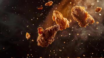 Dynamic silhouette of levitating pieces of fried chicken with sauce swirls photo