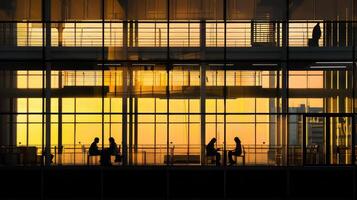 A group of people are sitting in a building with a view of the sunset. Scene is peaceful and serene, as the people are enjoying the view and the quiet atmosphere photo