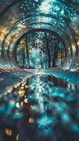 A blurry image of a tunnel with a reflection of trees and lights photo