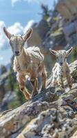 Cuddly baby goats hopping around on rocky cliffs, their horns just starting to grow photo