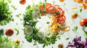 Contemporary arrangement of spinning salad ingredients in a contemporary pattern photo