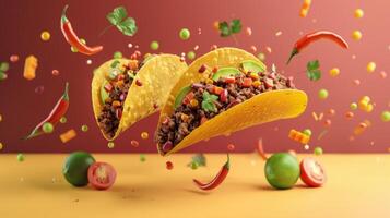 Dynamic design featuring floating taco ingredients and room for Mexican restaurant logos photo