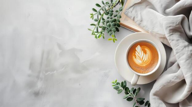 Serene layout featuring a hot cup of coffee and ample copy space photo