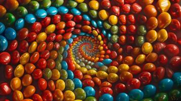 Whirling layout of rotating candies forming a whirlwind pattern photo