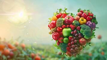 Conceptual image of spinning fruits and vegetables forming a heart, symbolizing healthy eating photo