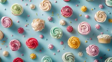Whimsical arrangement of spinning cupcakes in a scattered pattern photo