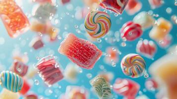 Bohemian arrangement of levitating candy pieces in a random pattern photo