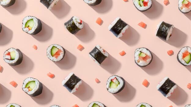 Boho-chic layout pattern of floating sushi rolls in a bohemian arrangement photo