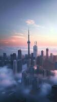 Towering cityscapes framed by natural beauty photo