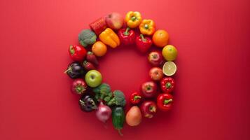Conceptual image of spinning fruits and vegetables forming a circle, symbolizing unity photo