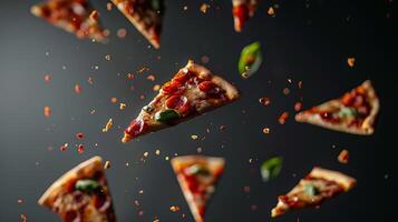Stunning silhouette of floating slices of pizza arranged artistically photo