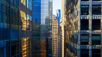 A city skyline with tall buildings and a sun shining on them. The sun is reflecting off the glass windows of the buildings, creating a beautiful and serene atmosphere photo