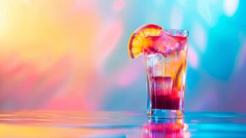 Colorful cocktail spinning in a vibrant copy space photo