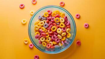 Rotating bowl of colorful breakfast cereal photo