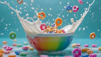 Spinning bowl of colorful cereal with milk photo