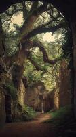 Majestic oak forests sheltering ancient ruins photo