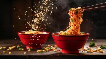 Levitating bowls of spicy noodles with chopsticks photo