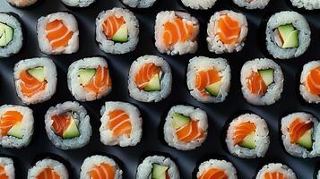 Patterned arrangement of spinning sushi rolls in a grid layout photo