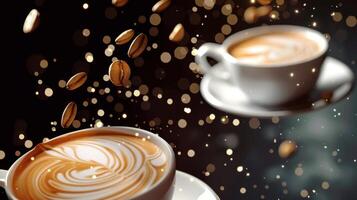 Bold silhouette of levitating cups of frothy cappuccino with latte art photo