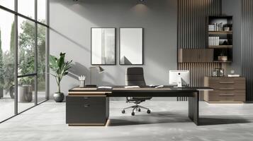 Contemporary office desk setup with room photo