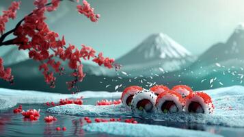 Spinning sushi rolls merged with a traditional Japanese landscape, honoring culture photo