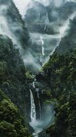 Towering waterfalls plunging into misty gorges photo