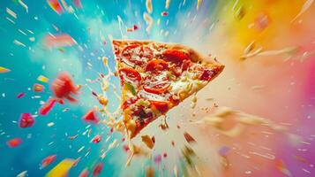 Colorful backdrop with a spinning slice of pizza in motion photo