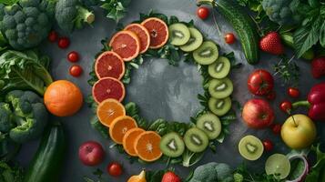 Conceptual image of spinning fruits and vegetables forming a circle, symbolizing unity photo