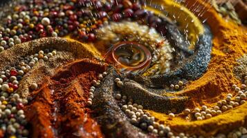 Conceptual representation of spinning spices forming a spiral, symbolizing depth of flavor photo