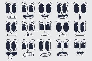 Set of retro cartoon in different facial expressions and emotions. Design illustration in doodle style vector