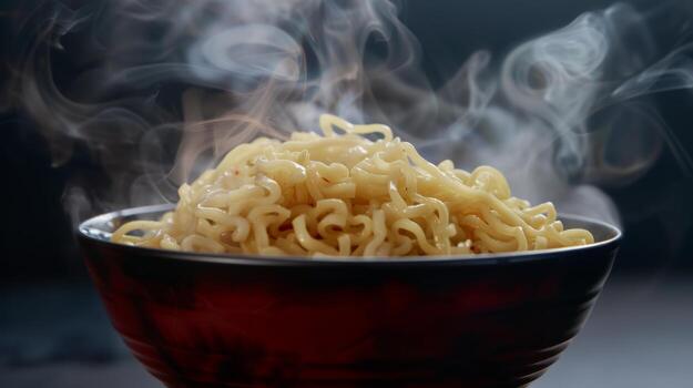Bowl of steaming ramen noodles rotating with room for text photo