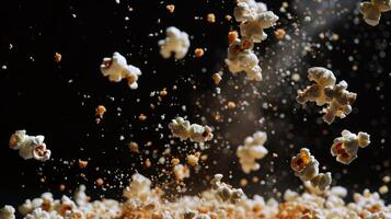 Dynamic silhouette of levitating pieces of popcorn popping photo
