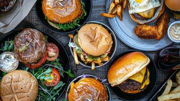 Rotating plate of gourmet burgers from above photo