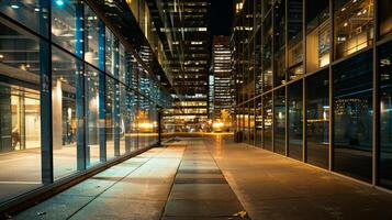 A city street at night with a large glass building in the background photo