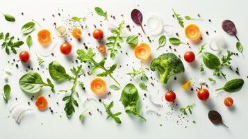 Contemporary arrangement of spinning salad ingredients in a contemporary pattern photo