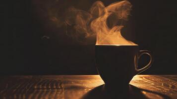 oscurecido seducir un silueta de un humeante jarra de café foto