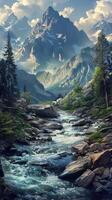 Tranquil mountain streams winding through rocky terrain photo