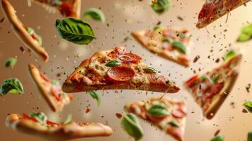 Modern design with floating slices of pizza and space for restaurant logos photo