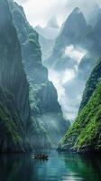 A group of people are in a boat on a river in a valley surrounded by mountains. Scene is peaceful and serene, as the boat glides through the calm waters photo