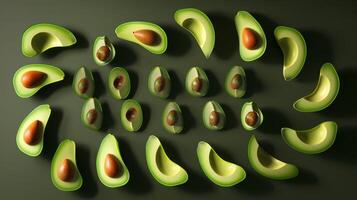 Organic layout pattern of floating avocado halves in a circular formation photo