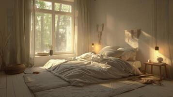 Minimalist bedroom with cozy yet uncluttered feel photo